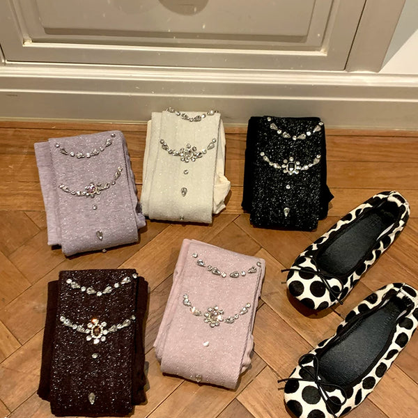 Fashion niche design heavy industry rhinestone Japanese jk white pantyhose black bright silk leggings