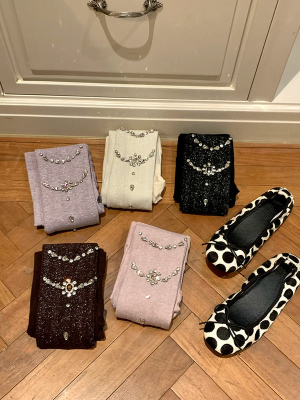 Fashion niche design heavy industry rhinestone Japanese jk white pantyhose black bright silk leggings