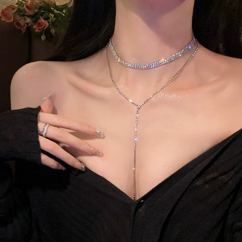 Go to the dinner together~ Full diamond super flash tassel necklace women's light luxury niche design chest chain high-grade collarbone chain neck chain