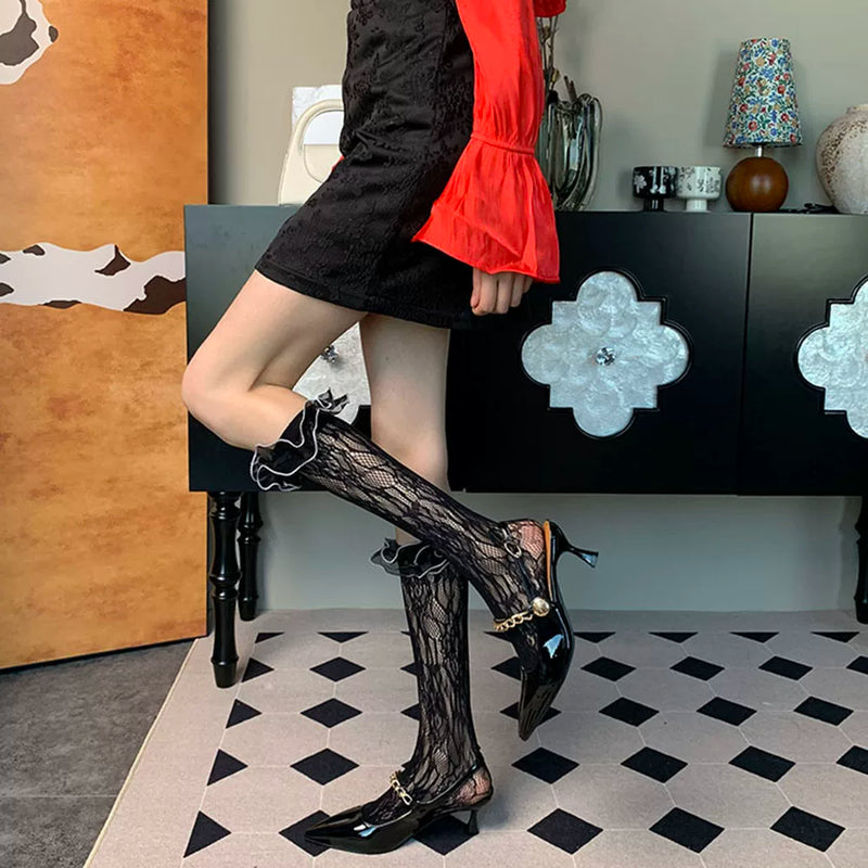 Frequently mentioned past~ Summer ballet French niche women's thin lace satin lace black calf socks