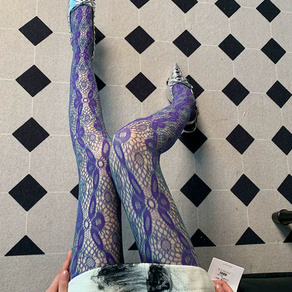 The Profundity Hidden in Color~ Summer French Retro Personality Niche Flower Ben Thin Purple-Green Two-Color Romper Stockings