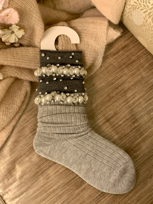 Fashion niche women's pearl rhinestone socks women's medium tube thickened stockpile socks autumn and winter calf socks