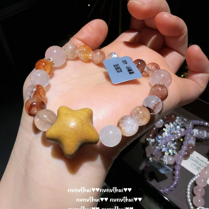Gilded snow pollen crystal small waist bracelet with pink jade stars, lavender purple bracelet