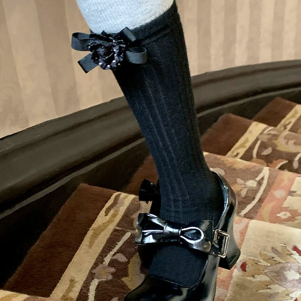 Fashion niche, design European small fragrant style bow non-removable camellia calf socks medium tube socks