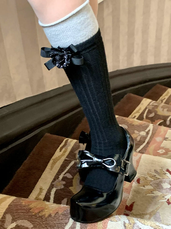 Fashion niche, design European small fragrant style bow non-removable camellia calf socks medium tube socks