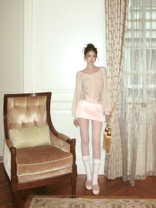 Fashion niche, design spring and summer thin bow jk socks milk white mesh rhinestone miu wind calf socks