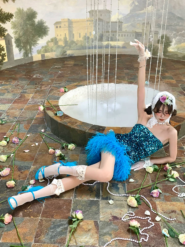 Fashion niche, girl court gorgeous texture glossy ribbon inlaid gemstone lace mesh tube socks