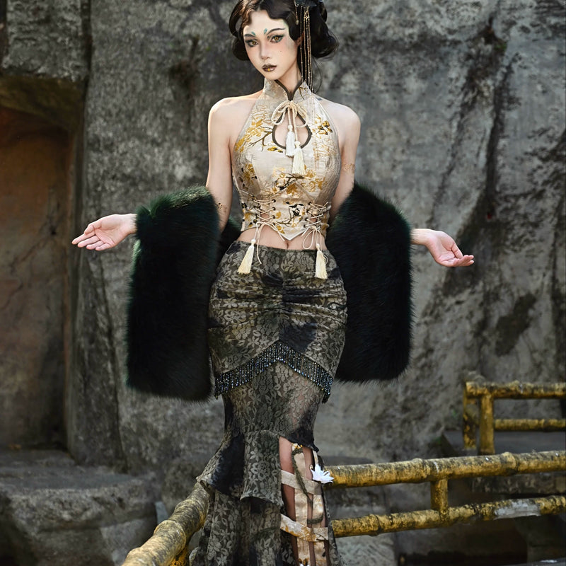 New chinese style tassel jacquard tassel scale pattern waist girdle christmas