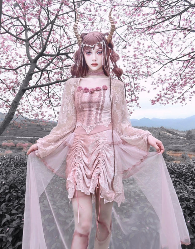 Original ◆ Sakura nightmare romantic gothic design embossed lotus root pink embroidered court half length skirt