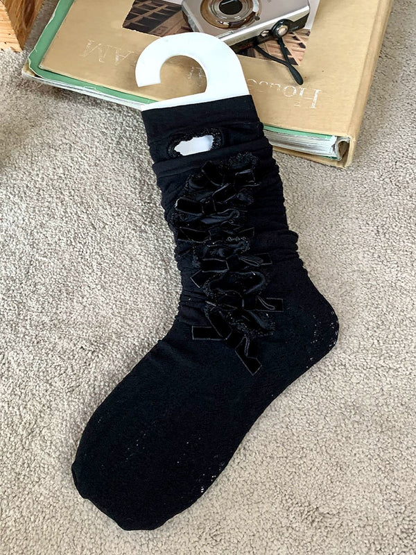 Fashion niche Zhang Yuanying same flocking bow hollow knee socks lace retro thin high tube socks