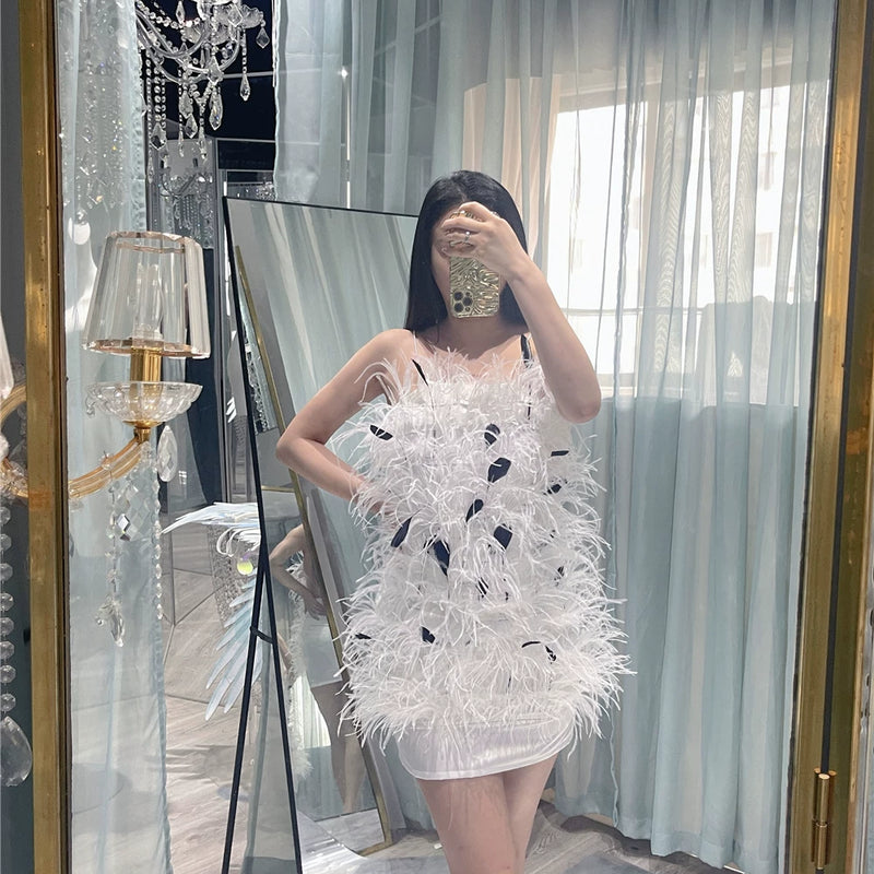 Rich daughter celebrity high luxury, real ostrich hair white swan feathers heavy industry neck slim dress