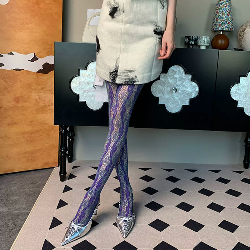 The Profundity Hidden in Color~ Summer French Retro Personality Niche Flower Ben Thin Purple-Green Two-Color Romper Stockings