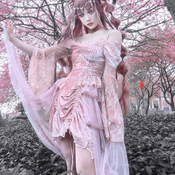 Original ◆ Sakura nightmare romantic gothic design embossed lotus root pink embroidered court half length skirt