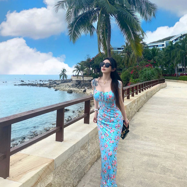 Pure desire girl sweet vacation neck suspender long dress floral color age reduction Spice girl cut men fashion dress summer