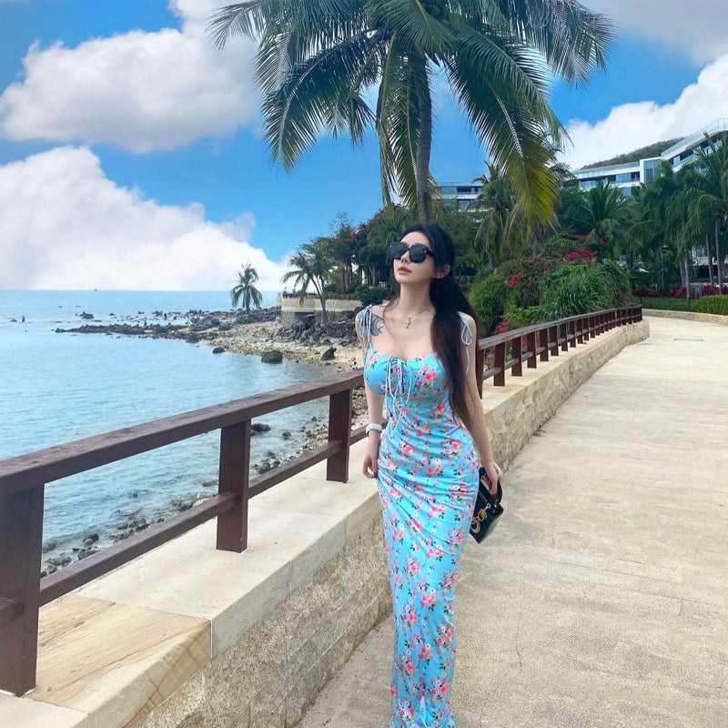 Pure desire girl sweet vacation neck suspender long dress floral color age reduction Spice girl cut men fashion dress summer