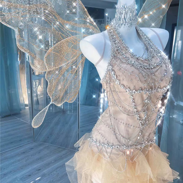 Heavy industry rhinestone fringed mesh slightly transparent irregular skirt court evening dress