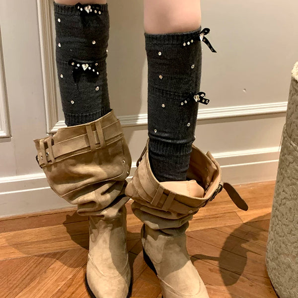 Fashion niche, luxury exaggerated rhinestone pearl bow thin vertical strip ballet calf socks knee socks