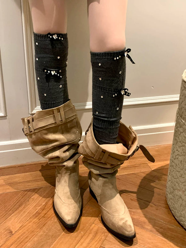 Fashion niche, luxury exaggerated rhinestone pearl bow thin vertical strip ballet calf socks knee socks