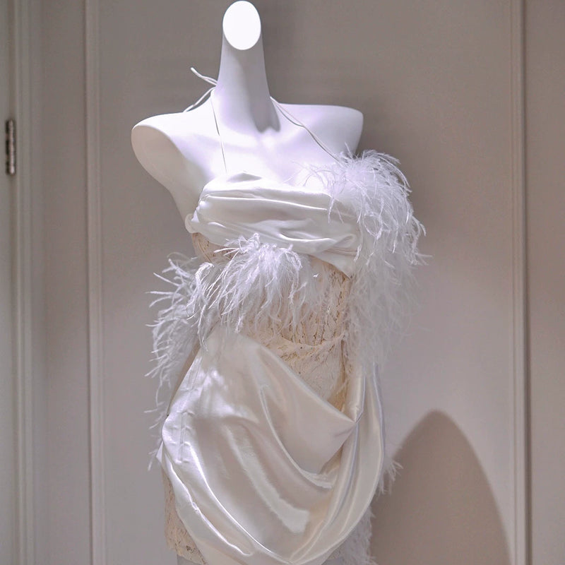 Ostrich hair acetic acid satin neck lace French fairy evening dress dress