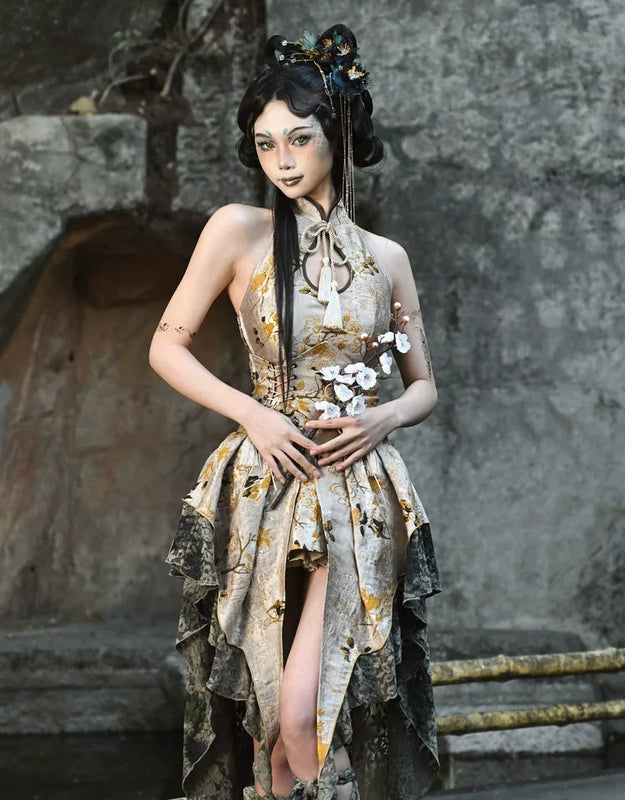 New chinoiserie button birdcage water drop collar cheongsam short tops christmas