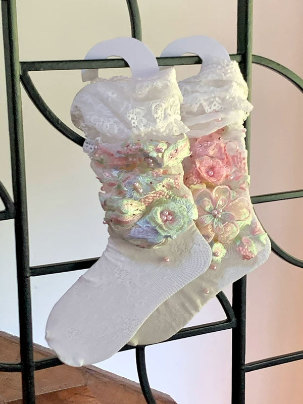 Fashion niche design lolita flower hollow lace knee socks calf socks ballet academy style