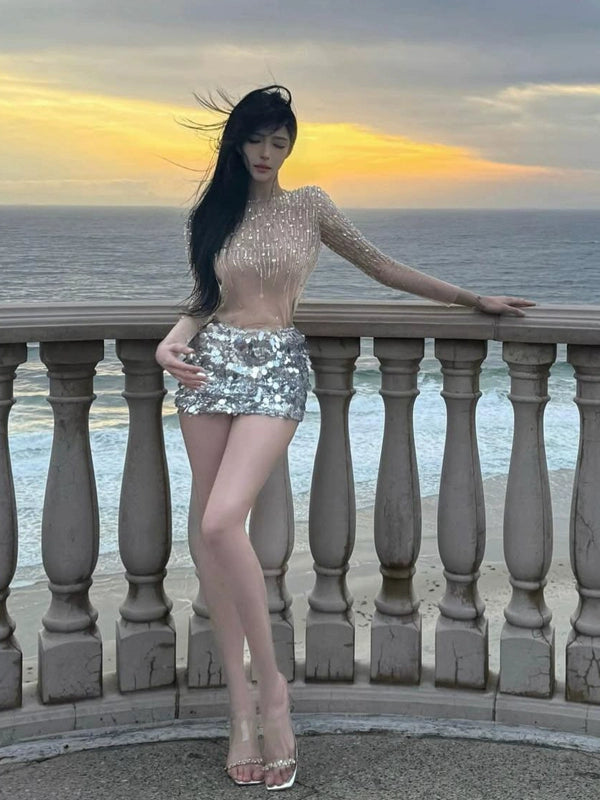 Pure desire style sexy babes beaded heavy industry rhinestone sequins long-sleeved T-shirt design niche perspective high-end top