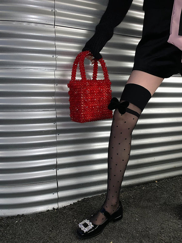 Fashion original niche design half barrel polka dot black stockings girl bow versatile bare leg socks artifact