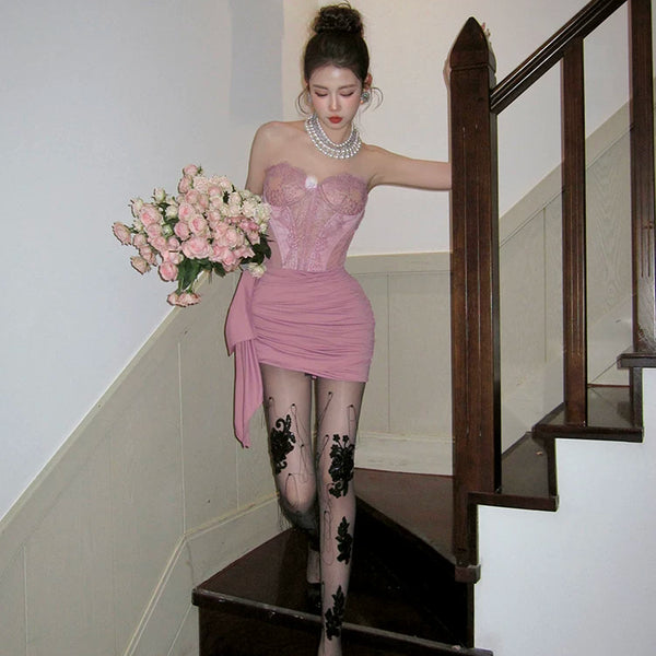 Fashion niche tassel three-dimensional sweet lace pearl handmade pantyhose black silk twisted stockings