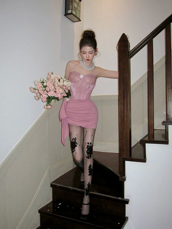 Fashion niche tassel three-dimensional sweet lace pearl handmade pantyhose black silk twisted stockings