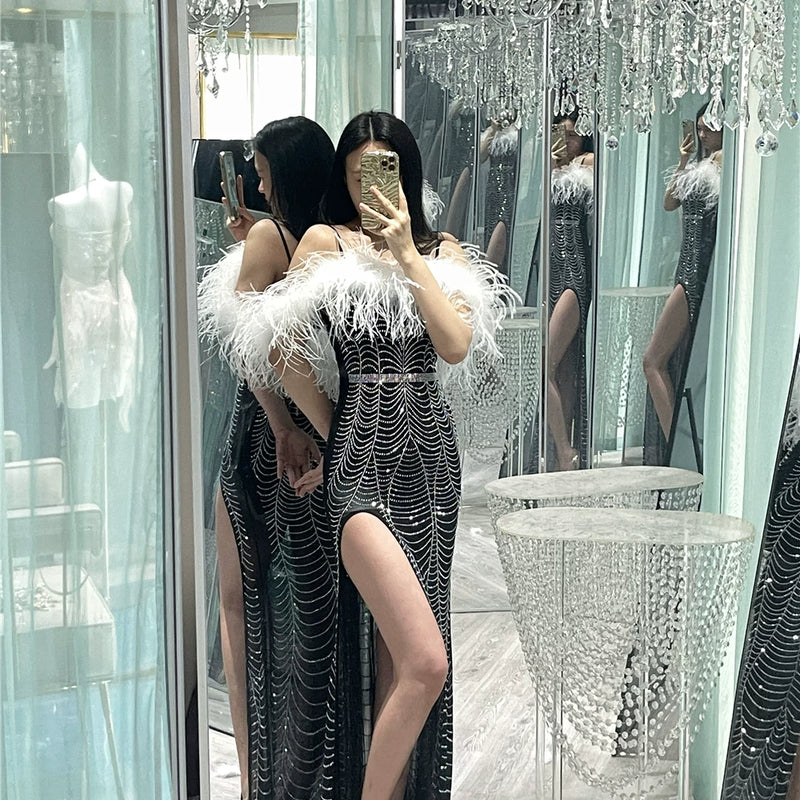 Full Body Hot Diamond Luxury Heavy Industry Ostrich Feather Feather, Extravagant Evening Dress Birthday Dress