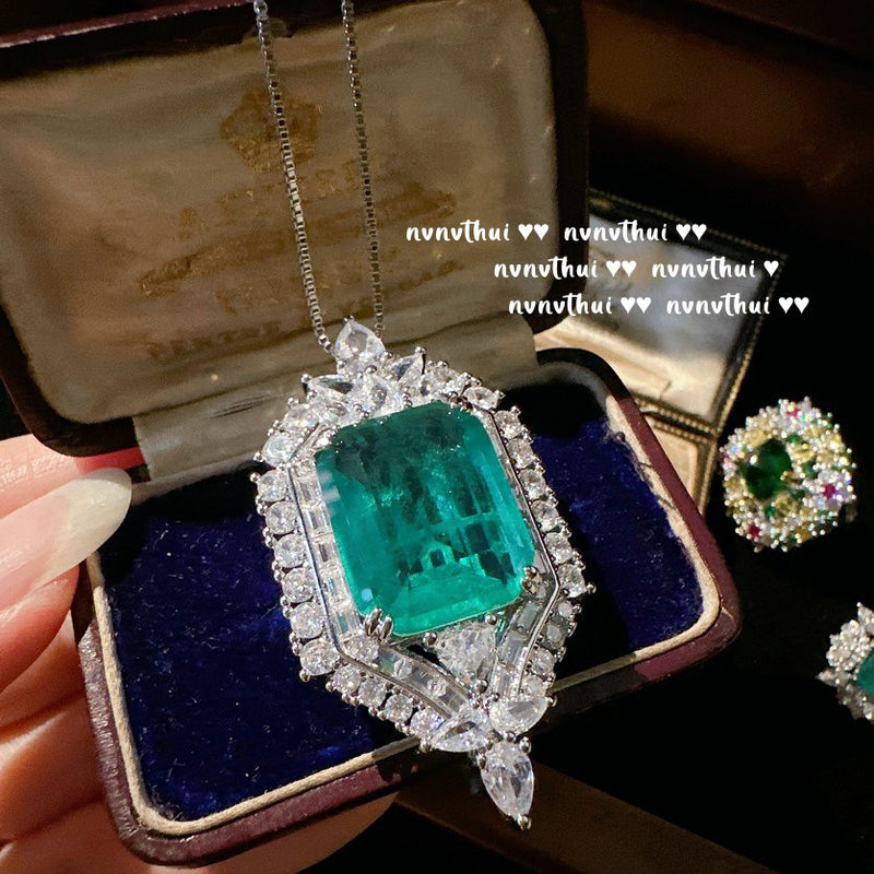 Mojito Emerald Flower Necklace Rich Lady's Happiness Peacock Green Snowflake Zircon Earrings