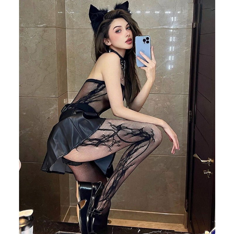 Spice Girls Sexy Hollow Mesh Stockings Pantyhose Black Silk Women's Socks Perspective Side Print Pantyhose Versatile Fashion