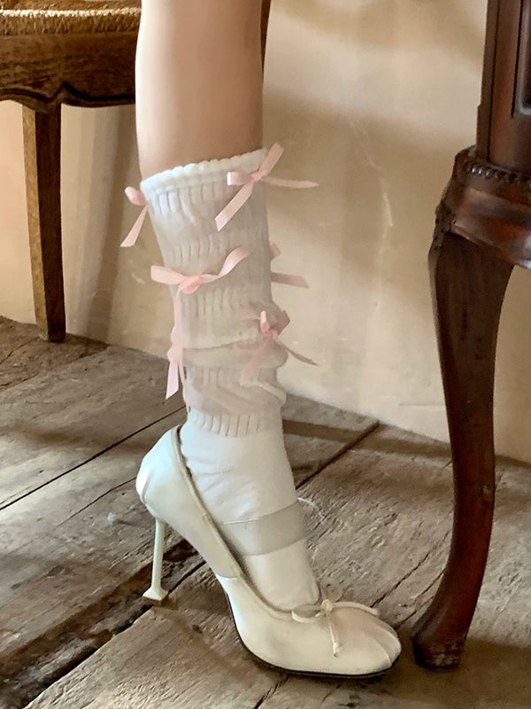 Fashion niche pink bow medium tube sweet stacking socks ballet girl jennier same style