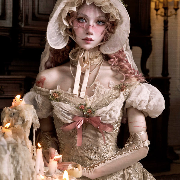 Elegant off-the-shoulder bubble sleeve mesh top with christmas fishbone hand-stitched seersucker court vest