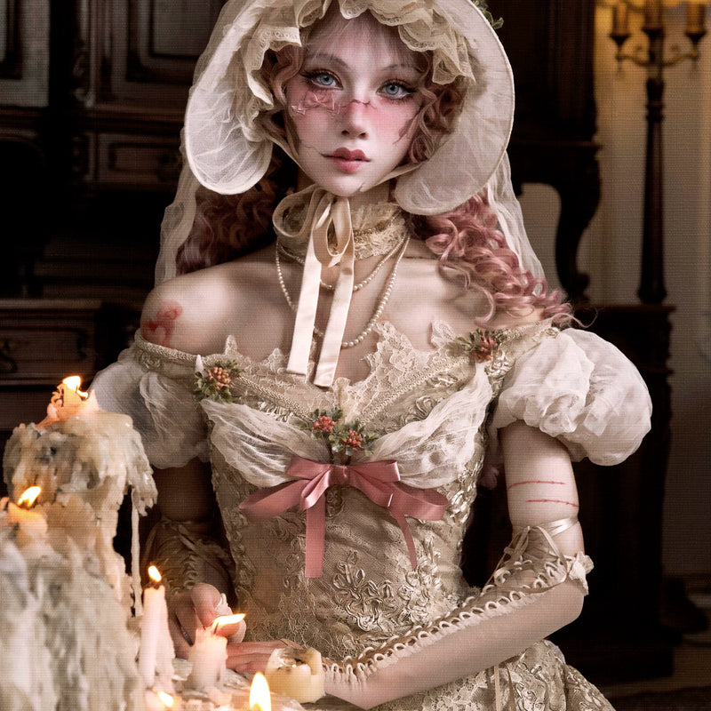 Elegant off-the-shoulder bubble sleeve mesh top with christmas fishbone hand-stitched seersucker court vest