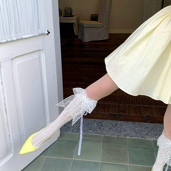 Fashion niche design big bow lace lolita medium tube socks lolita princess style Japanese jk socks