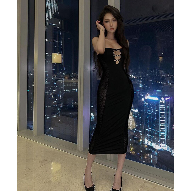 Temperament Celebrity Spice Girl Suspender Dress Pure Desire Royal Sister Black Skinny Mesh Perspective Splicing Hollow Medium Dress