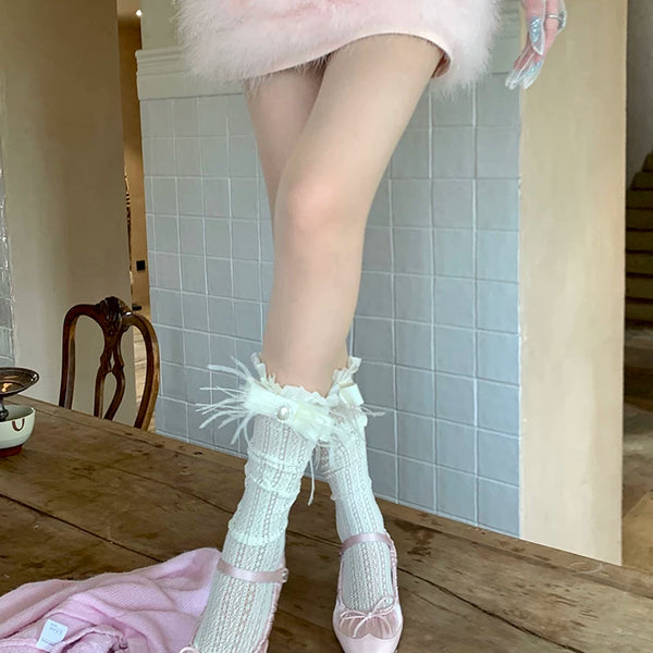 Fashion niche Japanese girl spring and summer thin lace medium tube fungus edge ostrich hair bow calf socks