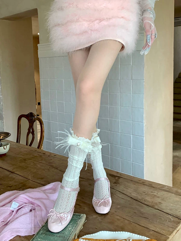 Fashion niche Japanese girl spring and summer thin lace medium tube fungus edge ostrich hair bow calf socks