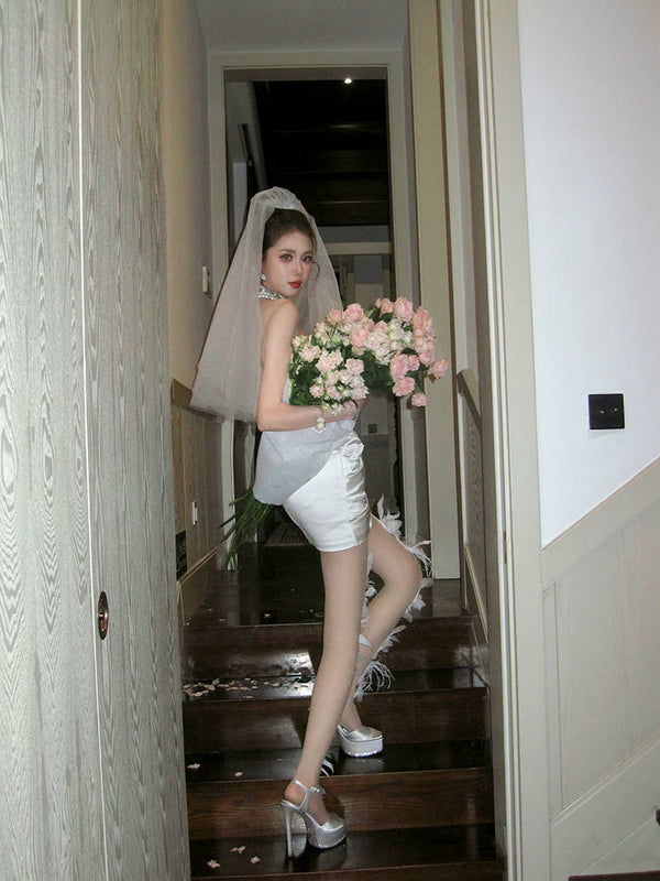 Fashion custom exaggerated sweet white feather pearl handmade socks pantyhose ultra-thin stockings