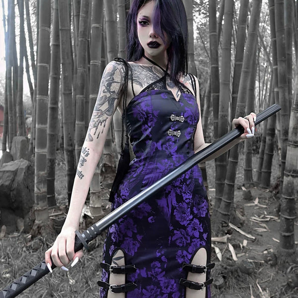 Original chinese style new chinese style slit tassel leather buckle hip skirt dress