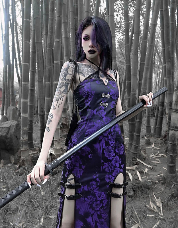 Original chinese style new chinese style slit tassel leather buckle hip skirt dress