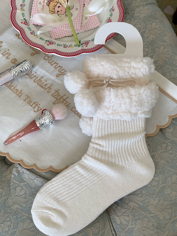 Fashion niche soft waxy lamb wool lace plush ball Lolita girl wool pile socks woman