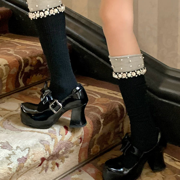Fashion niche women's pearl rhinestone socks women's medium tube thickened stockpile socks autumn and winter calf socks