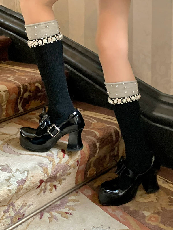 Fashion niche women's pearl rhinestone socks women's medium tube thickened stockpile socks autumn and winter calf socks