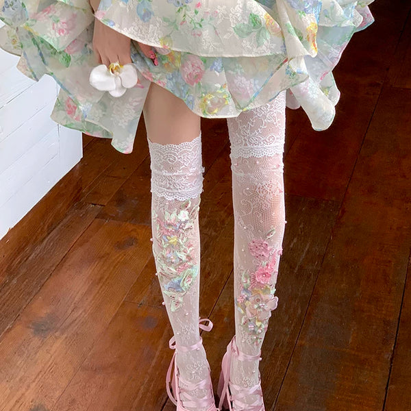 Fashion niche design lolita flower hollow lace knee socks calf socks ballet academy style