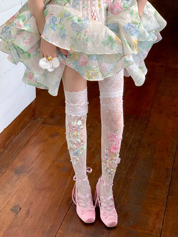 Fashion niche design lolita flower hollow lace knee socks calf socks ballet academy style