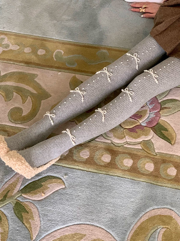 Fashion niche atmosphere, pearl bow, abdomen and hip lift, pressure to look thin, autumn and winter warm pantyhose women