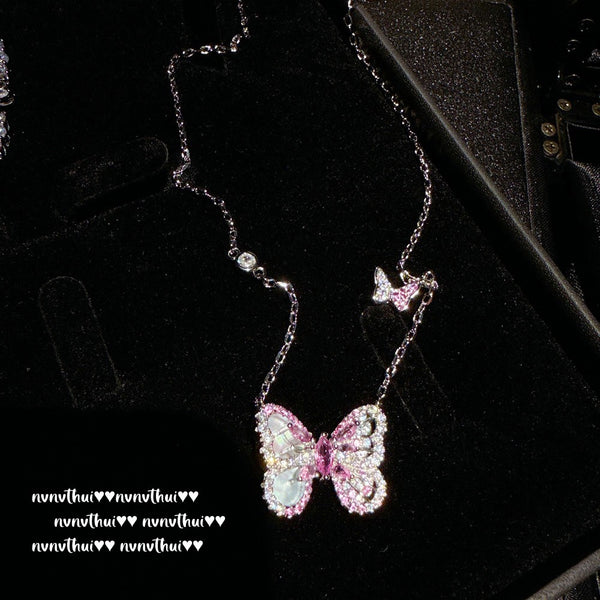 Fish Lady Dazzling Color Pink Dai Butterfly Gem Necklace Rich and Charming
