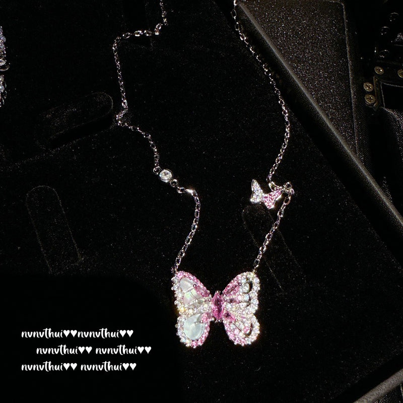 Fish Lady Dazzling Color Pink Dai Butterfly Gem Necklace Rich and Charming